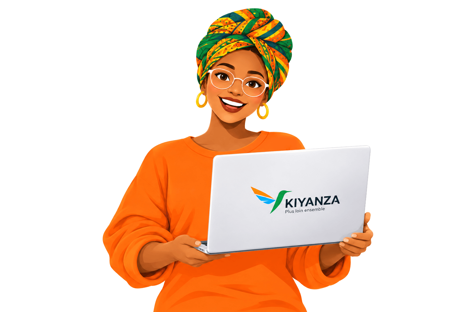 Une professionnelle du marketing souriante, ordinateur portable à la main, prête à piloter ses campagnes avec KIYANZA